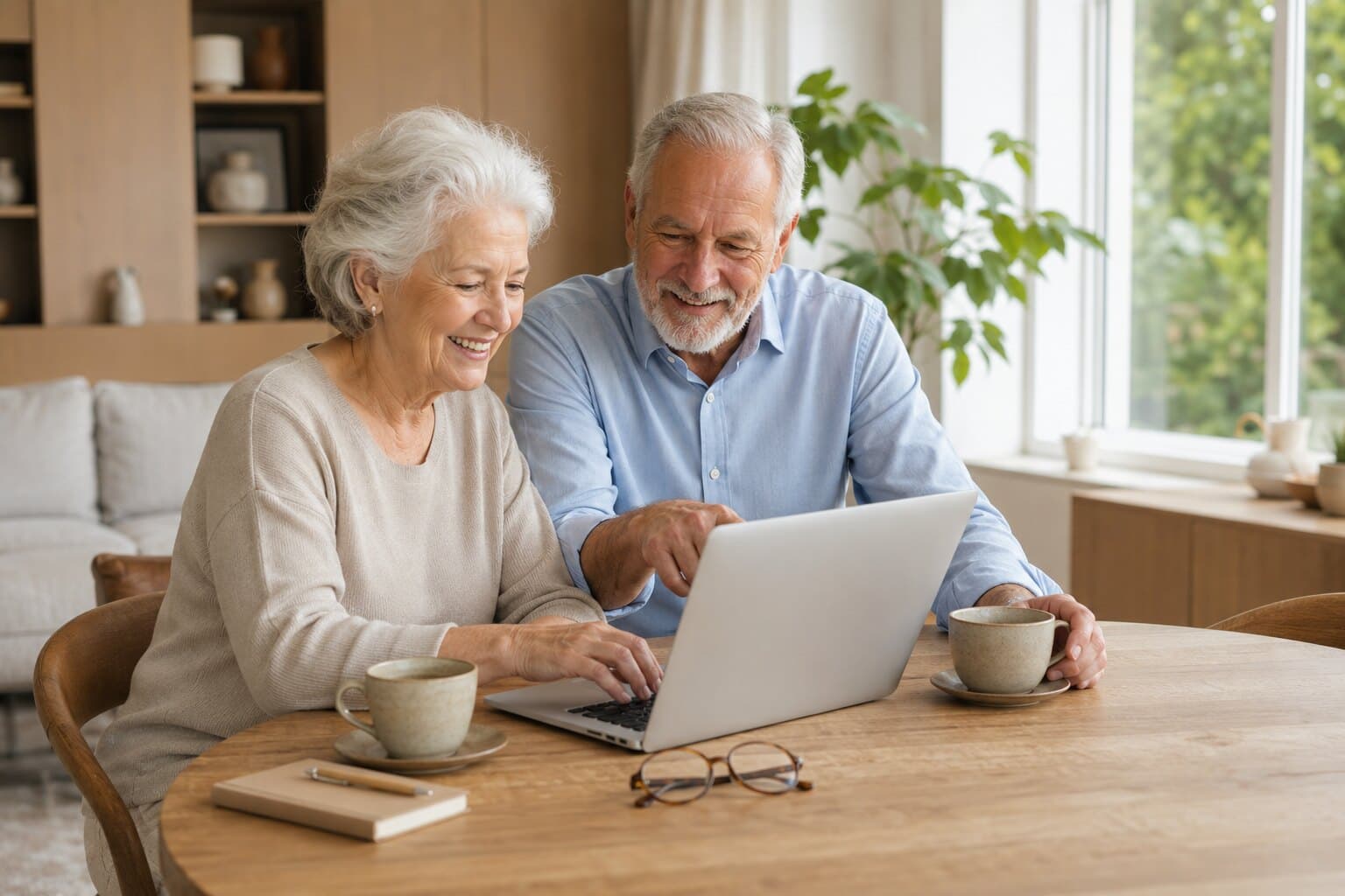 Een oudere man en vrouw zitten samen aan de eettafel achter een laptop, met twee koppen koffie, een leesbril en een notitieboekje naast zich.