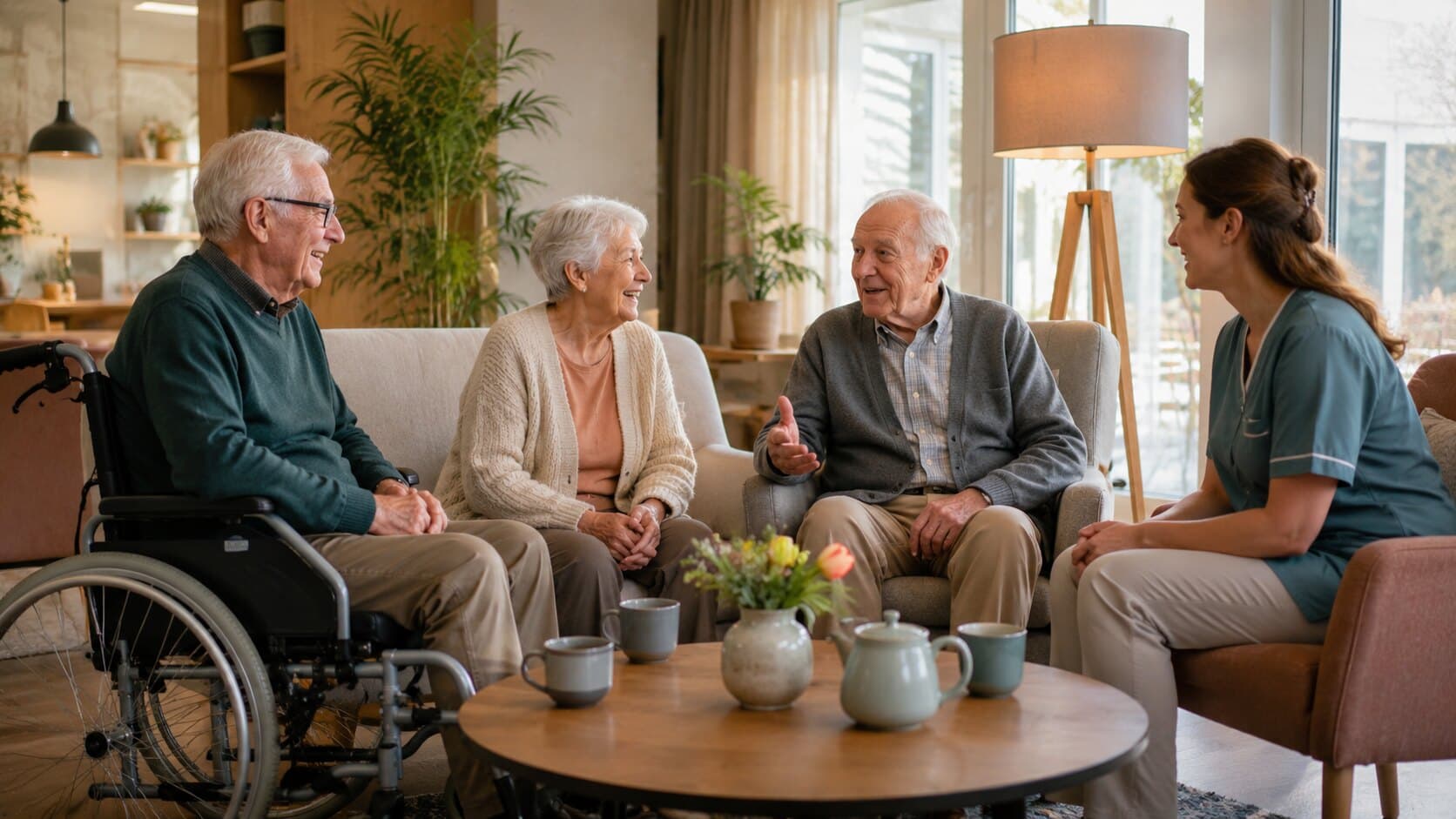 Drie ouderen en een zorgverlener zitten in gesprek in een lichte huiskamer met veel planten. Een van hen zit in een rolstoel; op de salontafel staat thee.