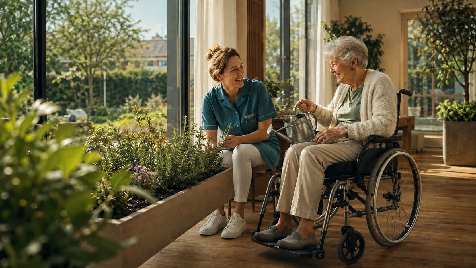 Een zorgverlener en een oudere vrouw in een rolstoel geven samen water aan de planten in een bak bij een grote raampartij, met de tuin erachter.