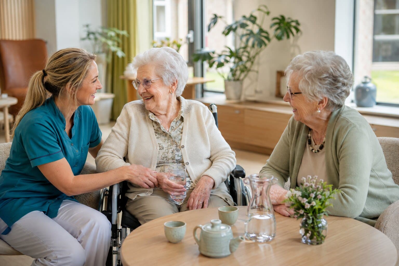 Een zorgverlener zit naast een oudere vrouw in een rolstoel en reikt haar een glas water aan. Aan de ronde tafel ernaast zit een tweede oudere vrouw, met een karaf en een klein boeket.