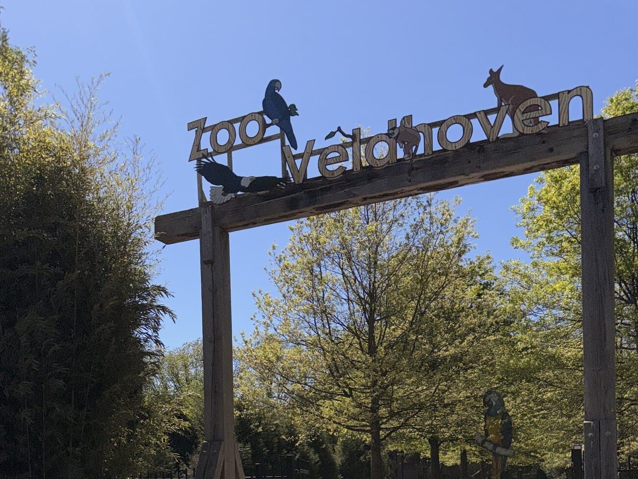 De houten toegangspoort van Zoo Veldhoven tegen een blauwe lucht, met metalen silhouetten van een papegaai, een ekster en een kangoeroe op de bovenbalk.