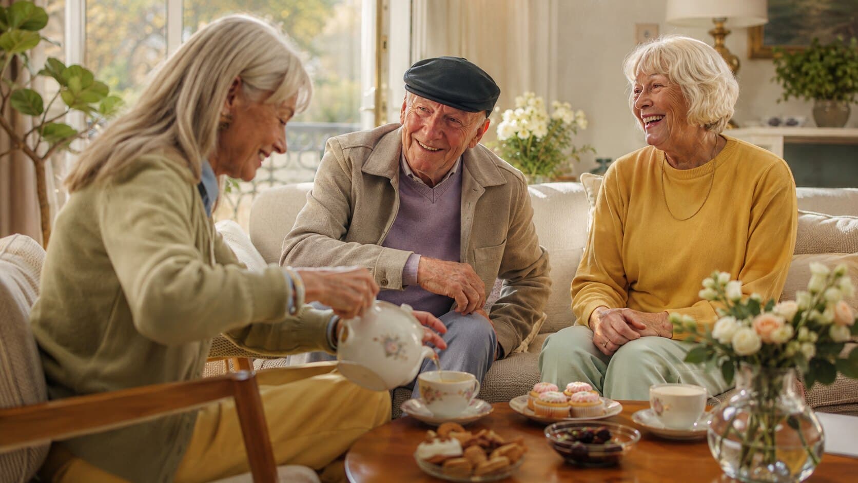 Drie ouderen zitten samen op de bank te lachen. Een van hen schenkt thee in uit een porseleinen pot; op de tafel staan gebakjes en koekjes.